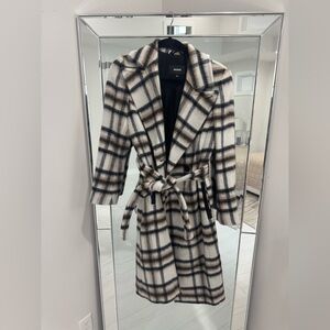 Mackage Plaid Belted Wool Coat in Ivory, Black & Tan